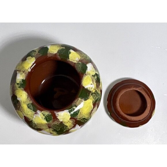 Ceramic Ginger Jar Fossil Craft Lidded Mottled Yellow Green Art Pottery Urn 3" - Picture 3 of 5